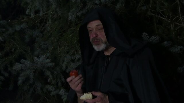 an elderly monks humble supper in the woods by