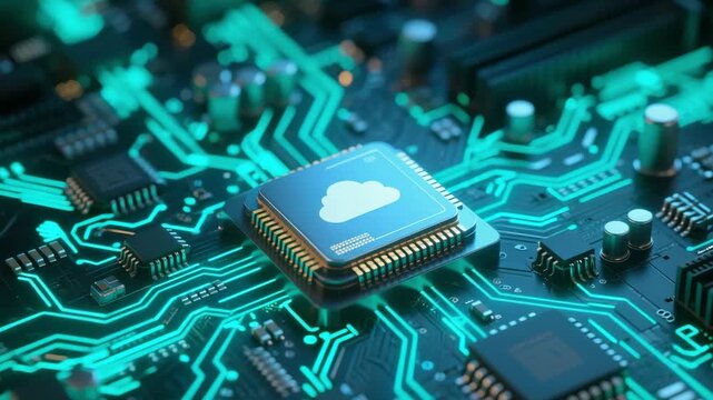 Cloud computing chip on a futuristic circuit board with glowing data lines, symbolizing modern digital technology, artificial intelligence, and network infrastructure.