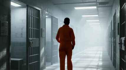 Prisoner walks down a long, hazy jail corridor with barred cells. - Powered by Adobe