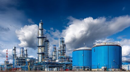 Large-scale industrial plant with blue storage tanks and refinery structures under cloudy sky