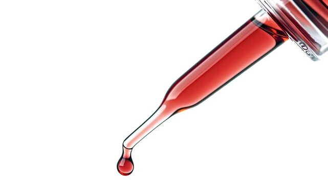 red liquid dripping from pipette on white backgrou