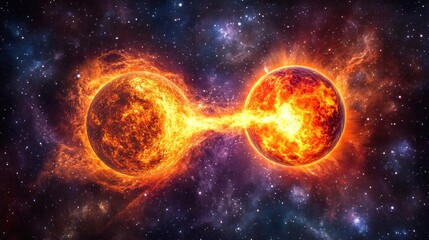 Binary star system colliding in deep space with a vibrant nebula background