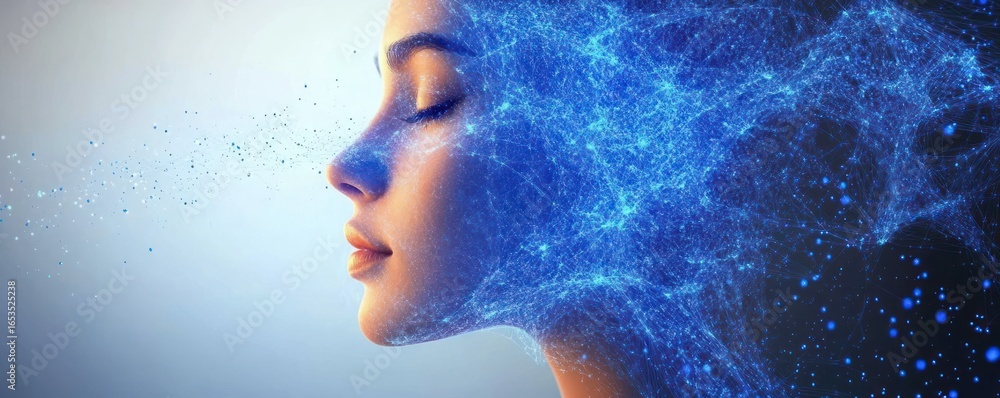 Poster profile of a serene woman with closed eyes as her face transforms into an intricate blue digital net