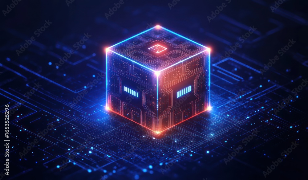 Poster glowing futuristic digital cube with circuitry patterns emitting blue and orange light on a dark tec