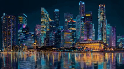 Night view of modern city skyline with tall buildings and reflection