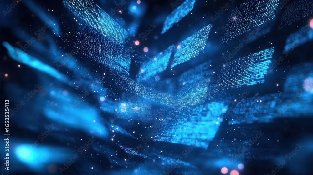 Aufkleber abstract digital data streams glowing in blue with floating particles creating a sense of motion and