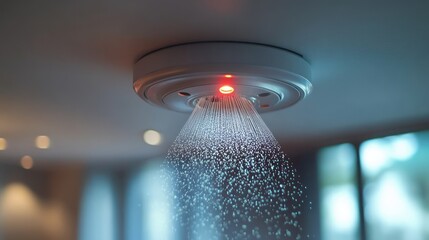 Modern ceiling sprinkler system releasing water droplets with a glowing red indicator light in a softly lit indoor space
