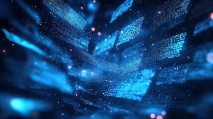 Abstract digital data streams glowing in blue with floating particles creating a sense of motion and futuristic technology