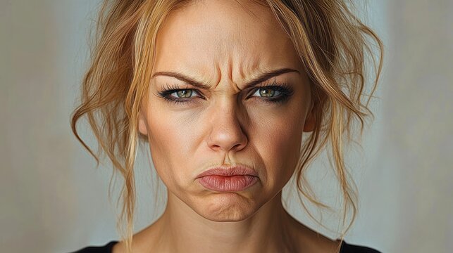 close-up of a young woman with furrowed brows and pursed lips expressing anger or frustration