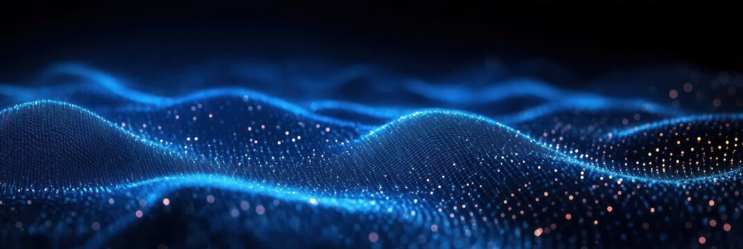 Abstract digital landscape of glowing blue wave-like mesh with scattered bright particles creating futuristic and dynamic visual flow - Powered by Adobe
