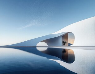 Minimalist modern white architectural structure with curved design over calm reflective water under clear blue sky and a small tree visible through a large opening