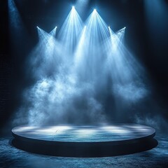 Empty round wooden stage illuminated by multiple bright spotlights with fog and smoke creating a dramatic atmosphere