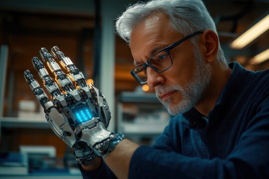 Focused older man with gray hair and glasses closely examining a detailed robotic hand in a workshop setting with warm lighting