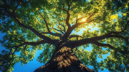 Fototapeta premium Majestic large tree with thick sturdy trunk and sprawling branches covered in green leaves illuminated by warm sunlight against a clear blue sky