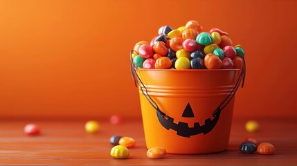 small orange bucket with a jack-o'-lantern face filled with colorful round candies on a wooden surface with an orange background