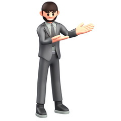 Obraz premium 3D Render Stylized 3D businessman in suit, gesturing with open arms; suitable for corporate, marketing, and presentation visuals.