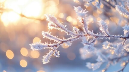close up of a tree branch covered in delicate frost crystals sparkling in golden sunlight with soft bokeh background