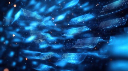 Glowing blue digital data panels floating in a dark space with scattered light particles, representing futuristic technology and information flow
