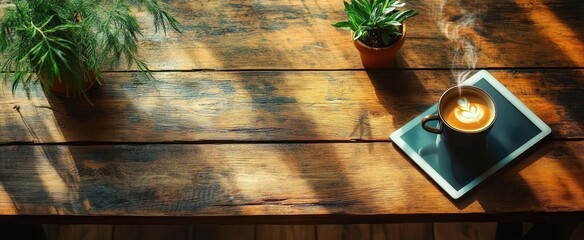 Warm wooden table with a steaming cup of latte art coffee on a tablet, flanked by two small green potted plants, bathed in natural sunlight, evoking calm and cozy atmosphere