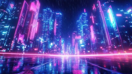 Fototapeta premium Futuristic neon-lit cityscape at night with glowing pink and blue skyscrapers reflecting on wet streets under a rainy sky, evoking a vibrant cyberpunk atmosphere