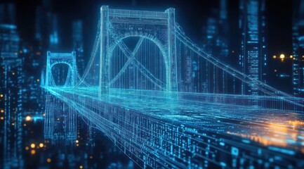 Futuristic digital wireframe model of a suspension bridge glowing in blue with a blurred cityscape in the background, showcasing advanced technology and innovation