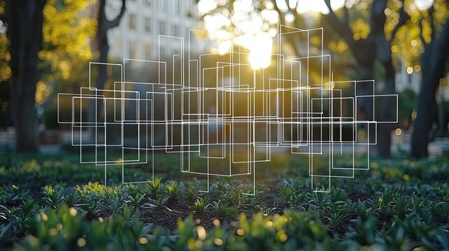 Abstract geometric shapes overlaying a park scene with sunlight and greenery evoking digital - Powered by Adobe