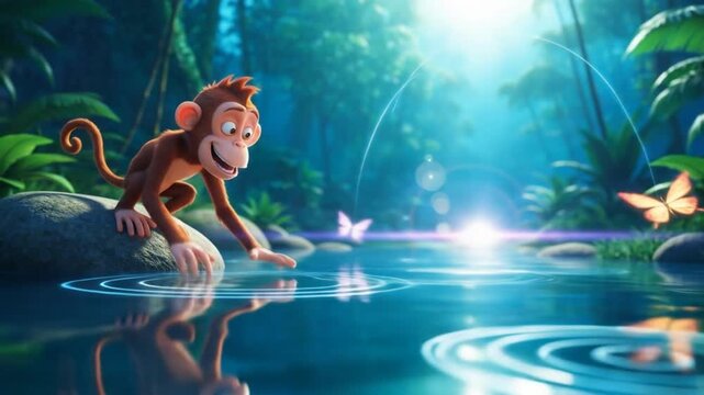 Cartoon monkey reaching out to touch a butterfly hovering over a serene pond in a lush, vibrant jungle setting.