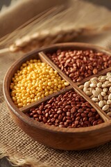 Obraz premium A rustic wooden bowl divided into four sections, each filled with different grains and legumes, placed on burlap fabric with wheat stalks in the background, symbolizing agriculture, nutrition, and nat
