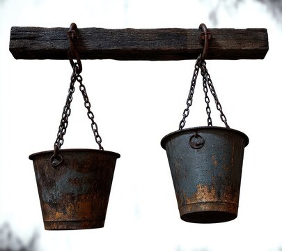 two rusty metal buckets hanging from an old weathered wooden beam using metal chains isolated on white background