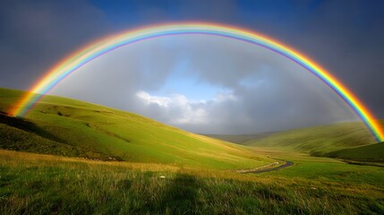 Naklejka premium A vibrant rainbow arches across a rolling green landscape, painting a serene and breathtaking scene under a partly cloudy sky.
