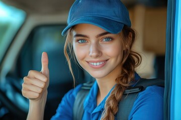 Smiling young woman in blue cap and shirt giving thumbs up while sitting inside a vehicle, conveying positivity and confidence