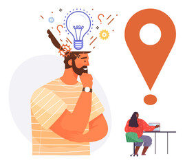 Thinking man with lightbulb and gears above, symbolizing creativity and innovation, alongside a seated woman at a laptop. Ideal for teamwork, problem-solving, innovation, strategy, productivity