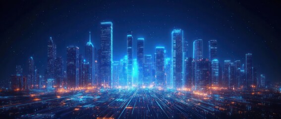 Obraz premium Futuristic glowing cityscape at night with numerous tall skyscrapers illuminated by vibrant blue and orange lights, creating a high-tech digital ambiance