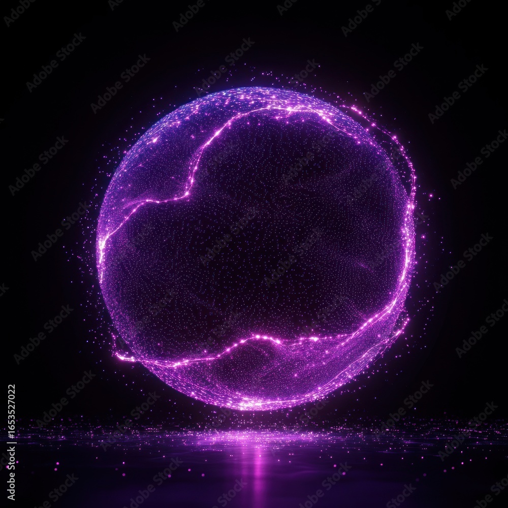 Poster glowing purple sphere composed of interconnected light particles floating above a reflective surface