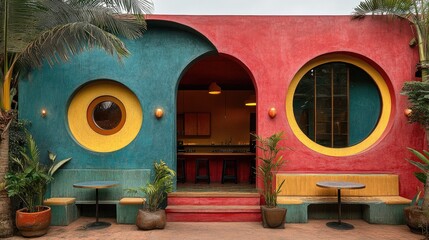 Colorful architectural facade with geometric shapes and vibrant color scheme design