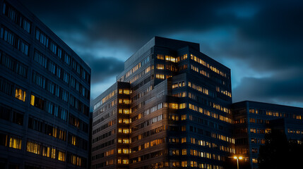 Bank Headquarters with Office Lights at Dusk