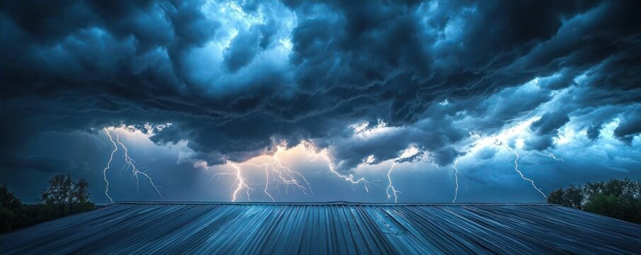 Dramatic dark storm clouds illuminated by multiple lightning bolts above a metallic rooftop and silhouetted treetops, evoking a powerful and intense atmosphere