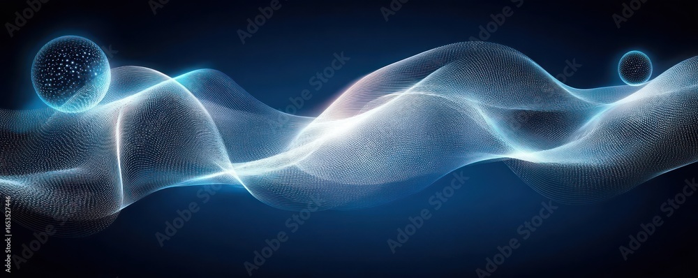 Aufkleber glowing blue digital wave with particle spheres floating over dark background creating futuristic an