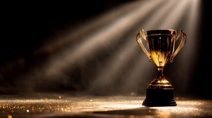 Golden Trophy Cup Under Spotlight with Glittering Background