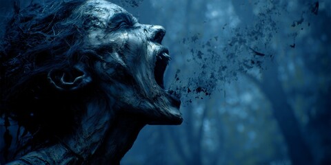 Dark character, witch banshee in dark attire stands in misty forest, screaming with intense expression. Eerie atmosphere, dramatic lighting, haunting scene conveys primal rage, untamed wilderness.
