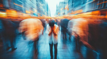 Person standing in crowded urban street with head in hands while blurred crowds rush by, conveying feelings of overwhelm and isolation