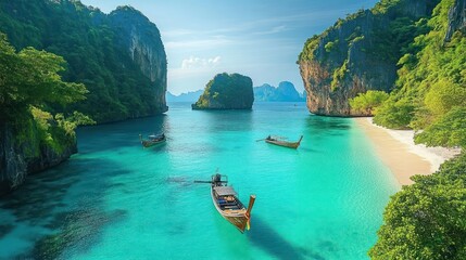 Obraz premium Clear turquoise water surrounded by lush green cliffs with small traditional wooden boats floating near a white sandy beach under a bright blue sky