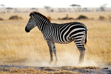A majestic zebra stands proudly in the dusty african savanna its iconic black and white stripes a striking contrast against the golden dry grass and sparse vegetation