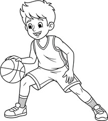 Fototapeta premium Cartoon boy dribbling basketball, wearing sports uniform, happy child athlete, black and white outline drawing, kids coloring page, outdoor activity art