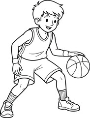 Cartoon boy playing basketball, dribbling ball, wearing sports jersey, smiling child athlete, black and white outline drawing, kids activity coloring page art