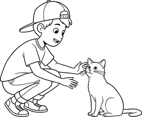 Cartoon boy squatting and petting cat, friendly child with animal, black and white outline drawing, kids friendship, love, care illustration art