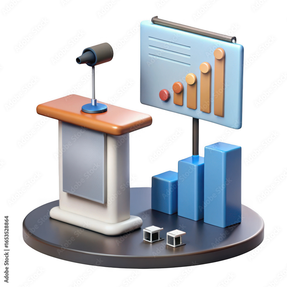 Poster 3d presentation podium with bar chart and microphone isolated on transparent background