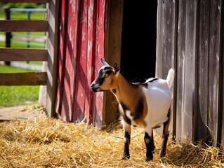 Curious young goat standing in the hay next to a rustic wooden barn doorway on a sunny day