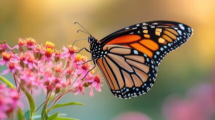 Fototapeta premium close-up of an orange and black butterfly perched on pink flowers with green stems in soft natural light