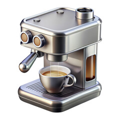 A sleek silver espresso machine with a steaming cup of coffee on its drip tray isolated on transparent background